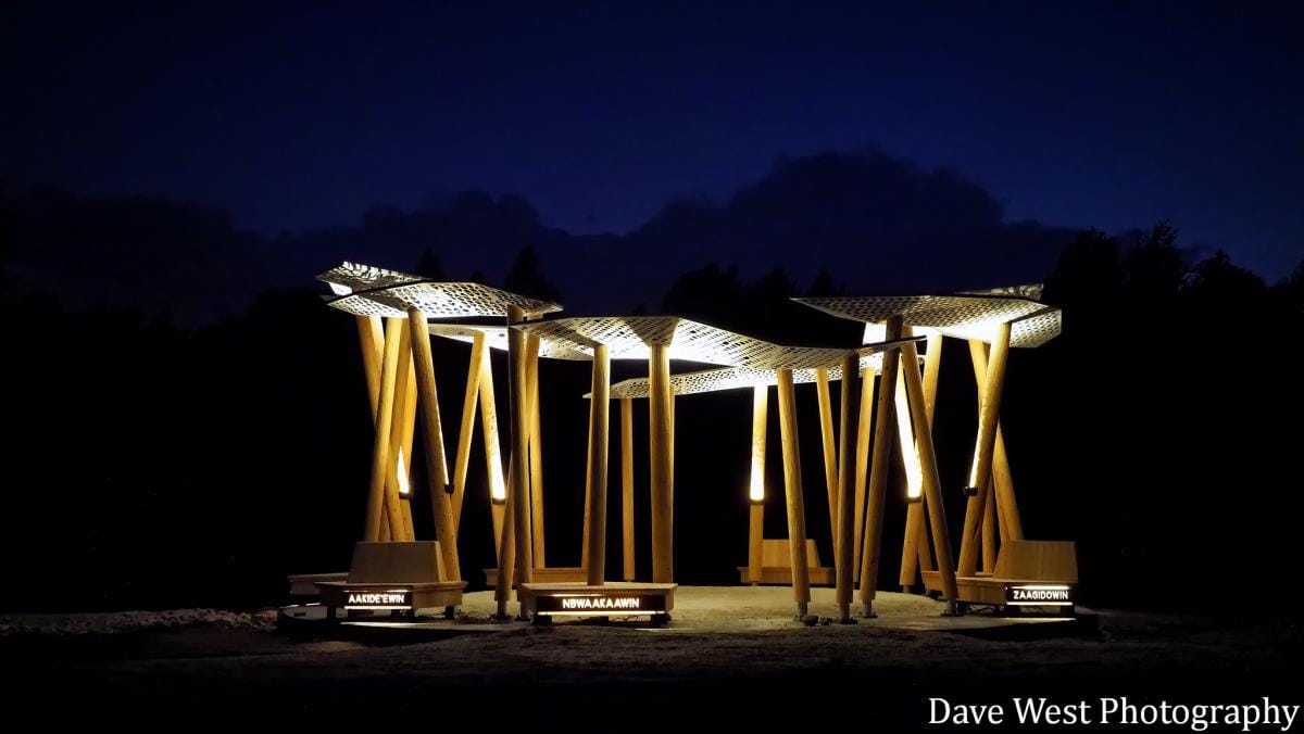 Image of the Awen' Gathering Place lighted at night