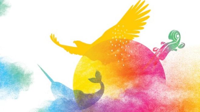 Colourful Silhouette Illustrations of the sun, a narwhal, an eagle, and a fiddle