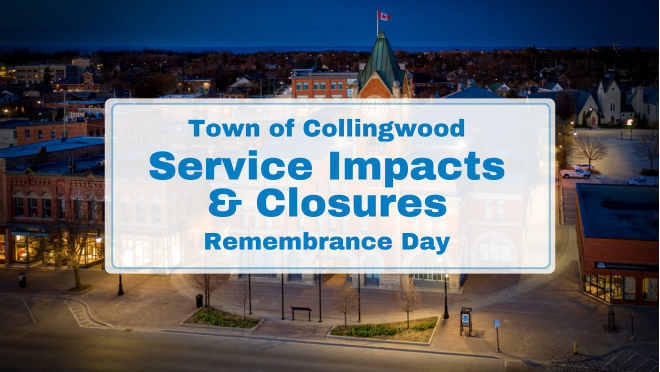 Town Hall aerial image in the evening with text "Service Impacts & Closures Remembrance Day"