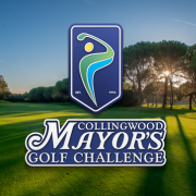 Logo over golf course at sunset