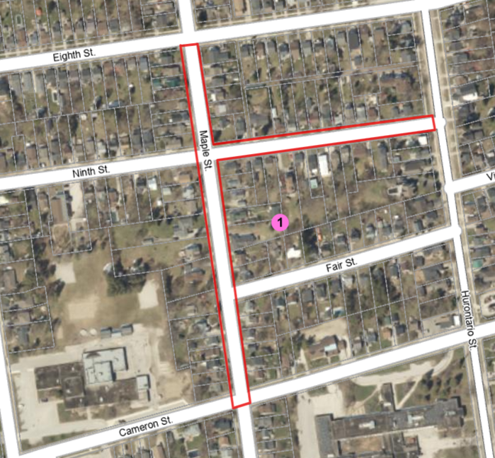 Map of Maple Street from Eighth to Ninth Streets and Ninth Street from Hurontario to Maple Street