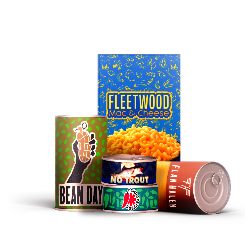 Image of donated food with names inspired by band. A can of beans called Bean Day, two smaller cans, stacked, called No Trout and Chili Peppers, a can on its side called Flan Halen, and a box of Fleetwood Mac and Cheese.