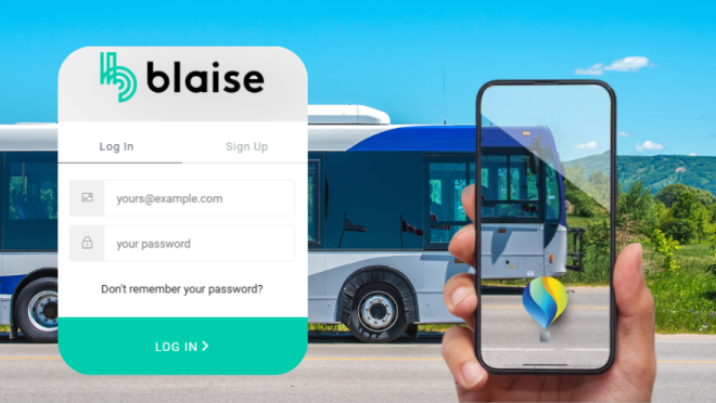 side profile public transit bus with hand holding cell phone in foreground and blaise transit login