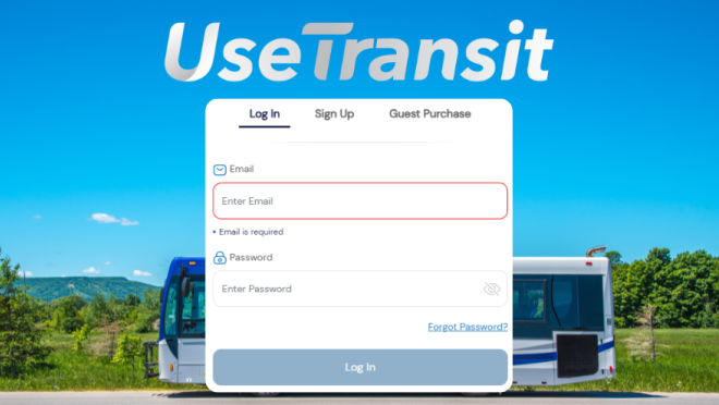 side profile of public transit with use transit login popup