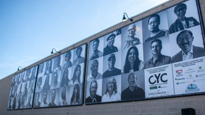 The 60-foot-long Our Collingwood mural is mounted to the wall of the Fathom Boards building. Photo Credit Nathan Bedard for CollingwoodToday