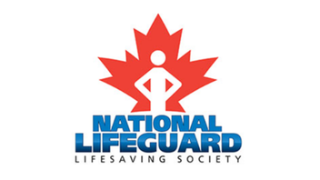 Logo of the National Lifeguard Lifesaving Society with a red maple leaf and a white human silhouette in the center.