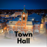 town hall in the evening from an elevated angle. 