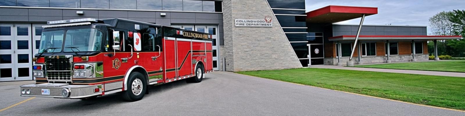 Firetruck parked in front of Collingwood's fire station.