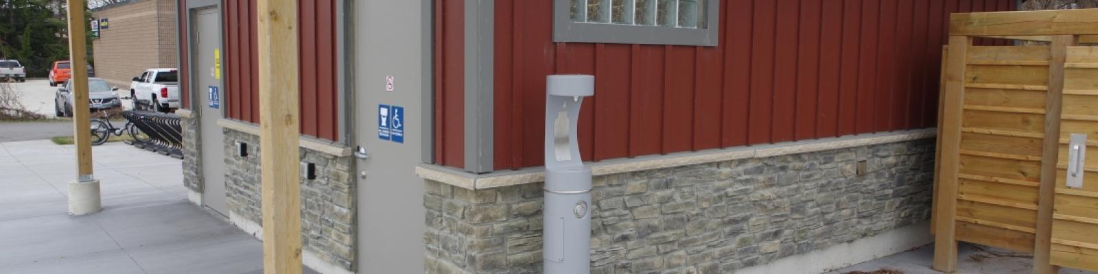 Water refill station outside public restrooms.